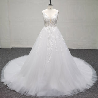 White Ballgown Tulle Open Back Wedding Dress with Tank Sleeve - Rosymae