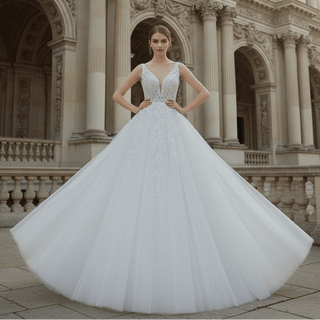 White Ballgown Tulle Open Back Wedding Dress with Tank Sleeve - Rosymae