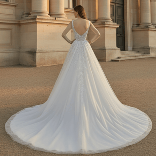 White Ballgown Tulle Open Back Wedding Dress with Tank Sleeve - Rosymae