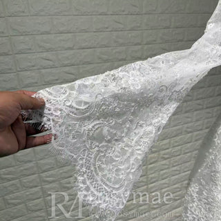 White Lace Long-Sleeve Mini Wedding Dress with V-Neck - Rosymae