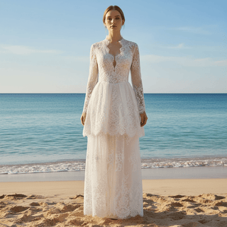 White Lace Long-Sleeve Mini Wedding Dress with V-Neck - Rosymae