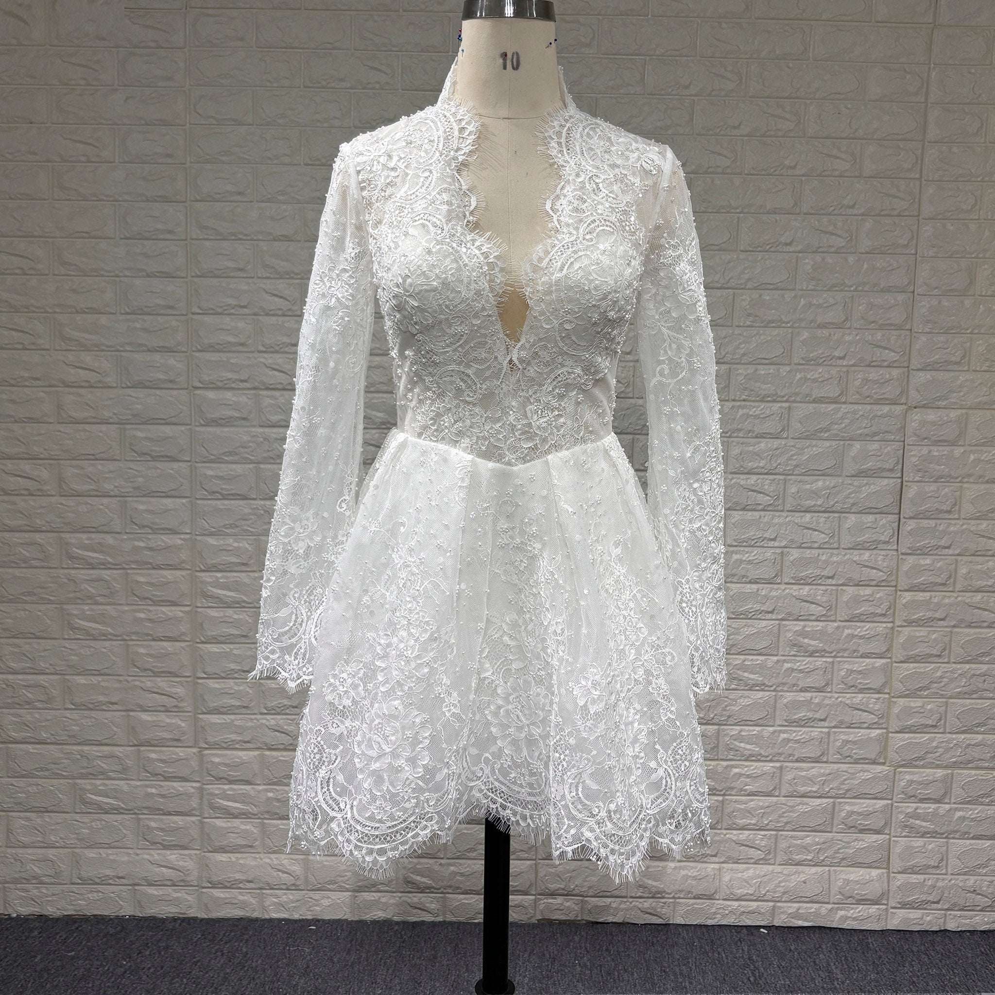 White Lace Long-Sleeve Mini Wedding Dress with V-Neck White / 0
