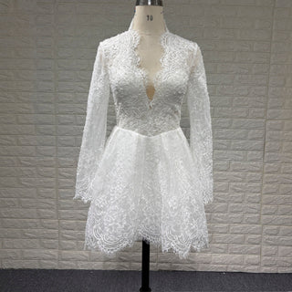 White Lace Long-Sleeve Mini Wedding Dress with V-Neck - Rosymae