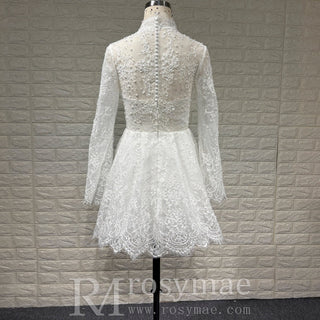 White Lace Long-Sleeve Mini Wedding Dress with V-Neck - Rosymae