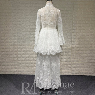 White Lace Long-Sleeve Mini Wedding Dress with V-Neck - Rosymae