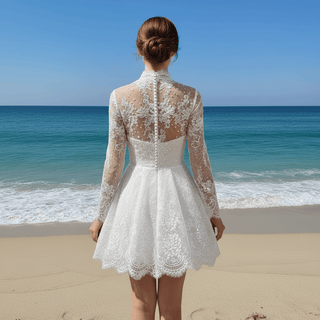 White Lace Long-Sleeve Mini Wedding Dress with V-Neck - Rosymae