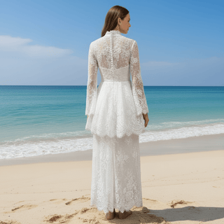 White Lace Long-Sleeve Mini Wedding Dress with V-Neck - Rosymae