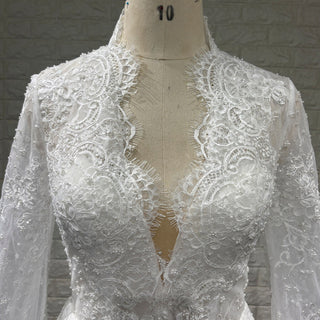 White Lace Long-Sleeve Mini Wedding Dress with V-Neck - Rosymae