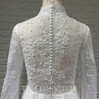 White Lace Long-Sleeve Mini Wedding Dress with V-Neck - Rosymae