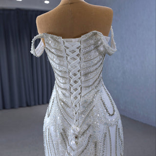 White Mermaid Off the Shoulder Pearls Beading Bride Wedding Dress - Rosymae