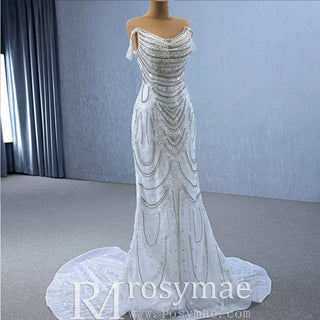 White Mermaid Off the Shoulder Pearls Beading Bride Wedding Dress - Rosymae