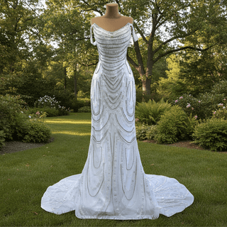 White Mermaid Off the Shoulder Pearls Beading Bride Wedding Dress - Rosymae