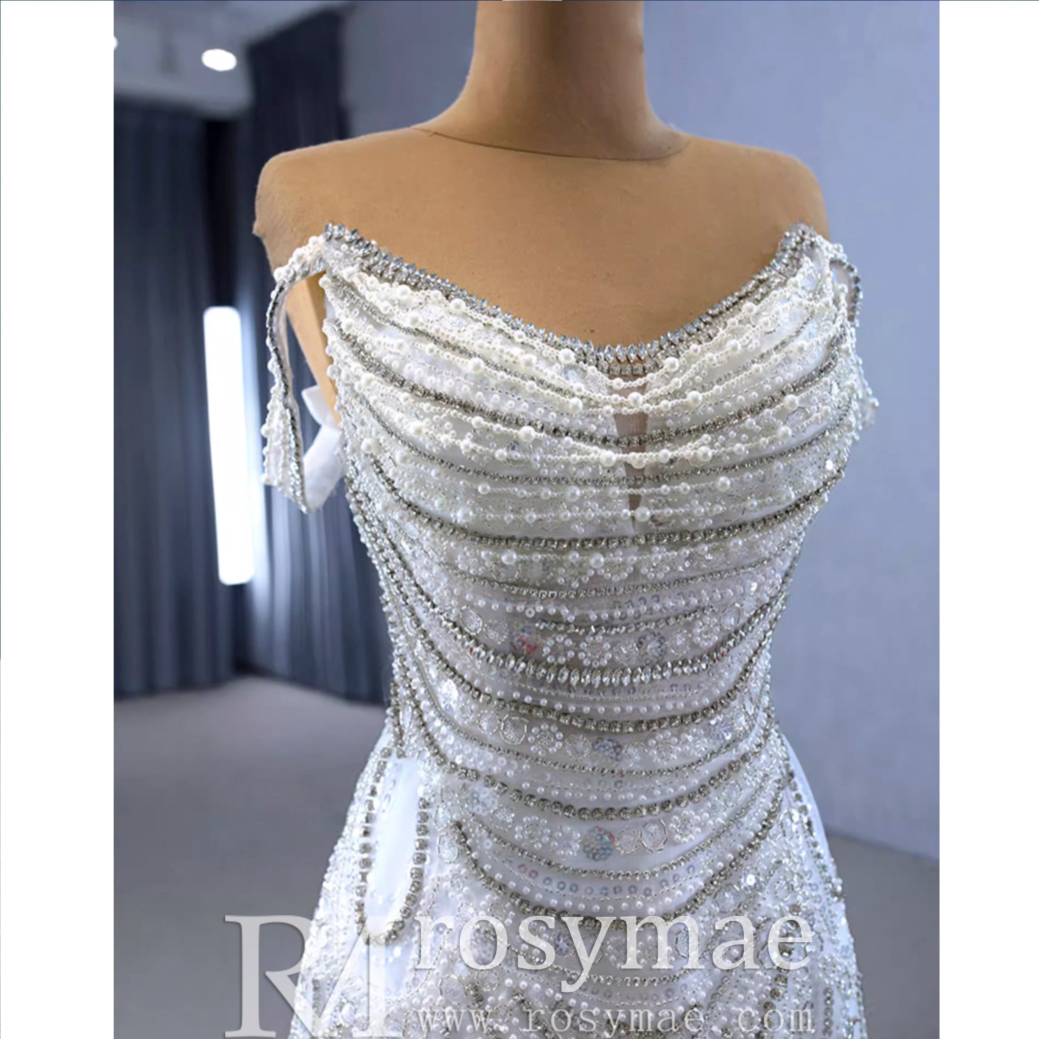 White Mermaid Off the Shoulder Pearls Beading Bride Wedding Dress - Rosymae