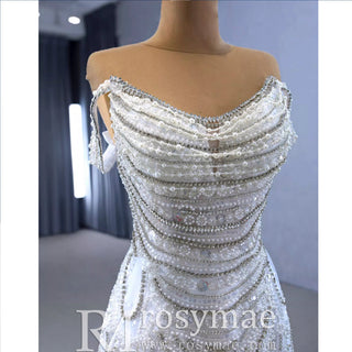 White Mermaid Off the Shoulder Pearls Beading Bride Wedding Dress - Rosymae