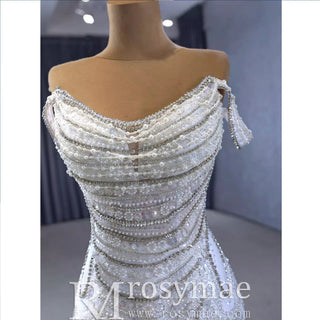 White Mermaid Off the Shoulder Pearls Beading Bride Wedding Dress - Rosymae