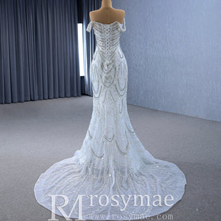 White Mermaid Off the Shoulder Pearls Beading Bride Wedding Dress - Rosymae