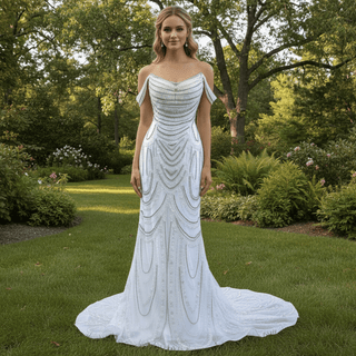 White Mermaid Off the Shoulder Pearls Beading Bride Wedding Dress - Rosymae