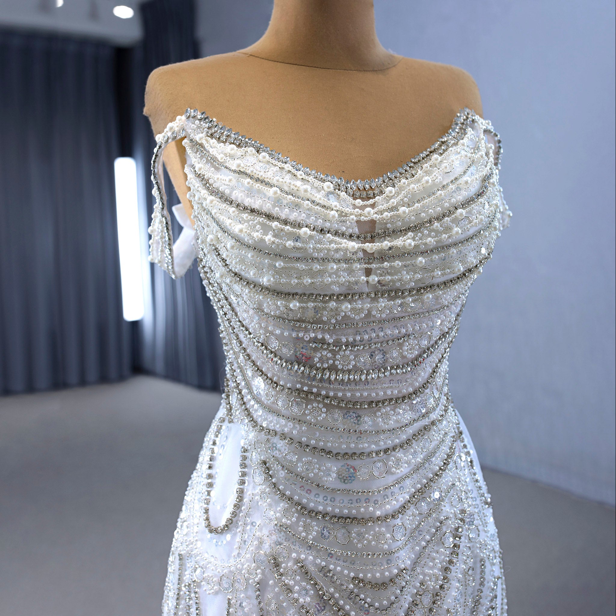 White Mermaid Off the Shoulder Pearls Beading Bride Wedding Dress - Rosymae