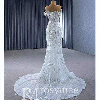 White Mermaid Off the Shoulder Pearls Beading Bride Wedding Dress - Rosymae