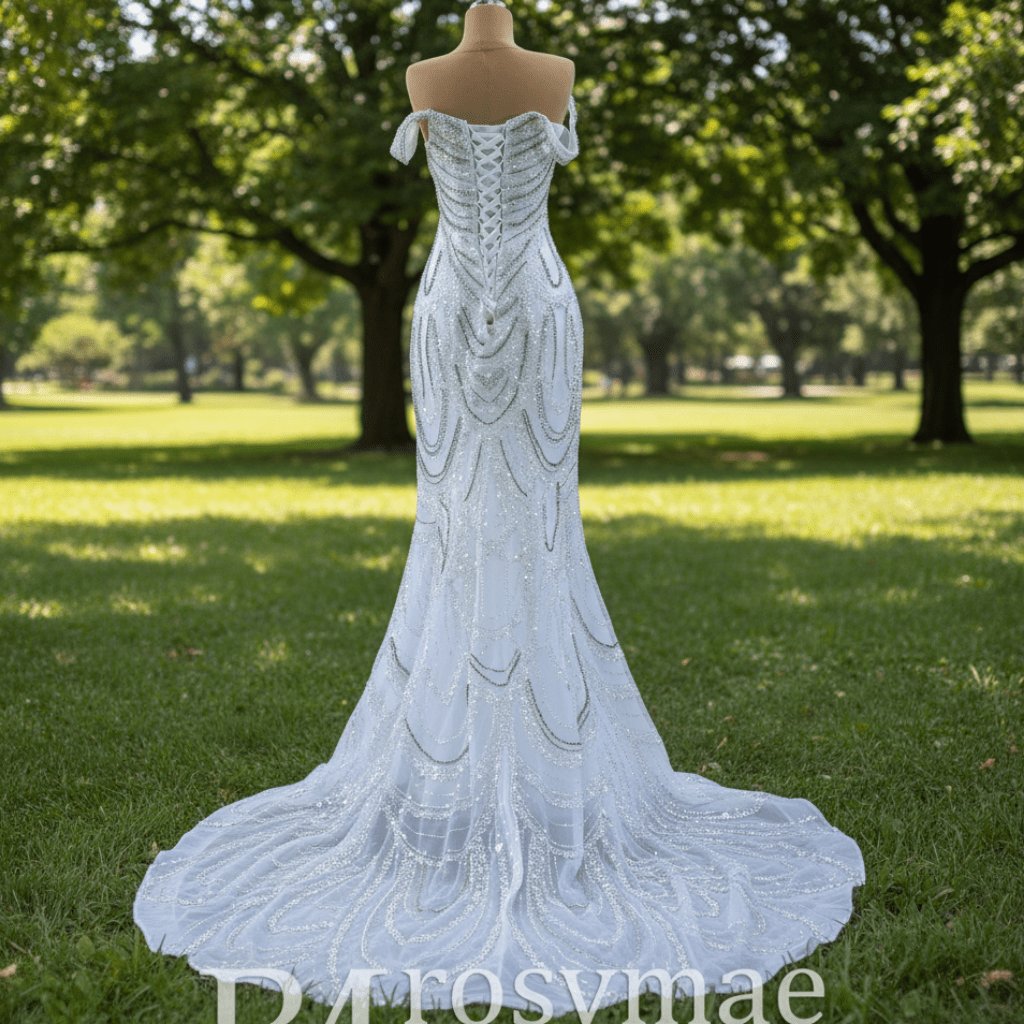 White Mermaid Off the Shoulder Pearls Beading Bride Wedding Dress - Rosymae