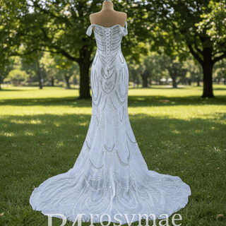 White Mermaid Off the Shoulder Pearls Beading Bride Wedding Dress - Rosymae
