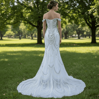 White Mermaid Off the Shoulder Pearls Beading Bride Wedding Dress - Rosymae
