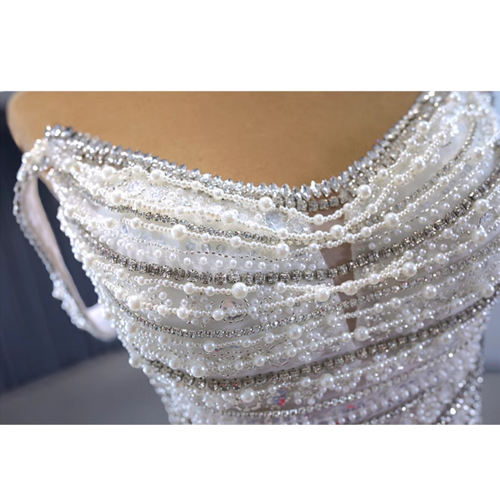 White Mermaid Off the Shoulder Pearls Beading Bride Wedding Dress - Rosymae