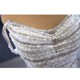 White Mermaid Off the Shoulder Pearls Beading Bride Wedding Dress - Rosymae