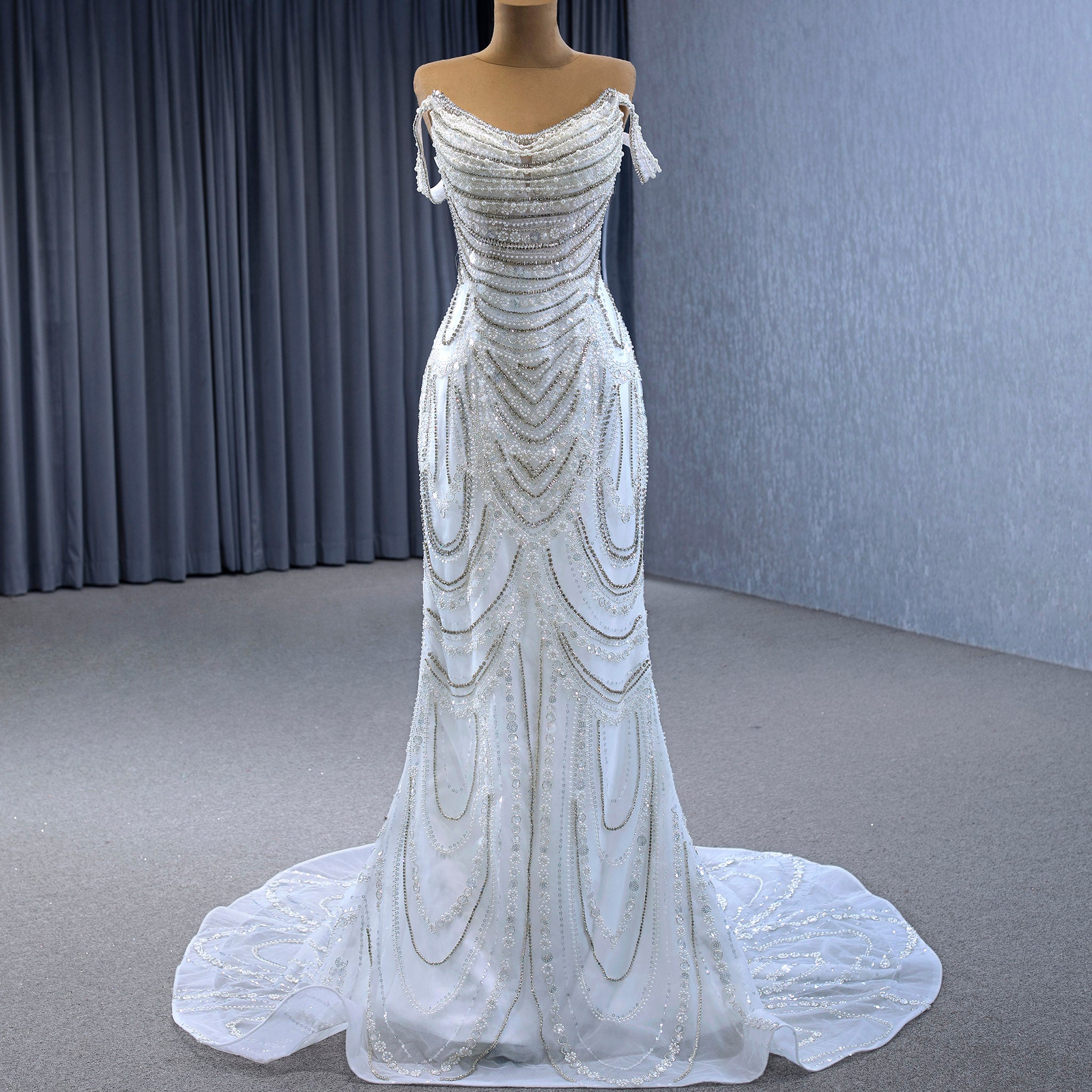 White Mermaid Off the Shoulder Pearls Beading Bride Wedding Dress - Rosymae