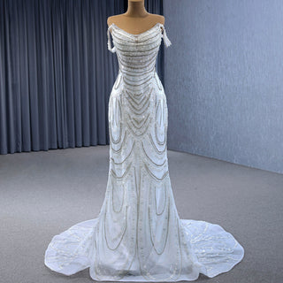 White Mermaid Off the Shoulder Pearls Beading Bride Wedding Dress - Rosymae