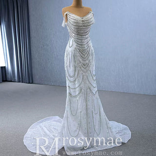 White Mermaid Off the Shoulder Pearls Beading Bride Wedding Dress - Rosymae