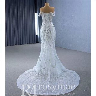 White Mermaid Off the Shoulder Pearls Beading Bride Wedding Dress - Rosymae