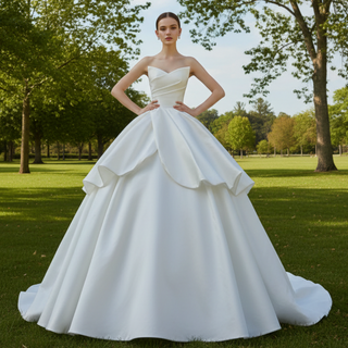 Strapless Satin Ball Gown Wedding Dress Ruffle Skirt Bridal Gown