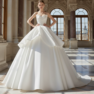 Strapless Satin Ball Gown Wedding Dress Ruffle Skirt Bridal Gown