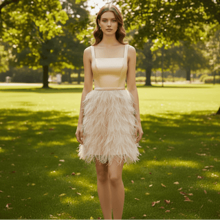 White Square Neck Satin Bodice Ostrich Feather Short Cocktail Dress