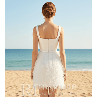 White Square Neck Satin Bodice Ostrich Feather Short Cocktail Dress