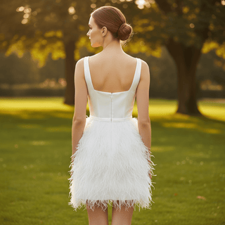White Square Neck Satin Bodice Ostrich Feather Short Cocktail Dress