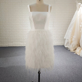 White Square Neck Satin Bodice Ostrich Feather Short Cocktail Dress