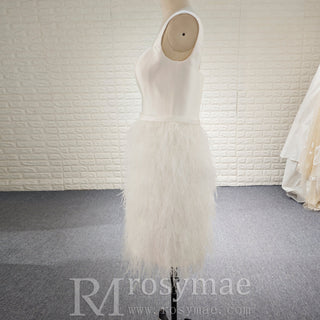 White Square Neck Satin Bodice Ostrich Feather Short Cocktail Dress