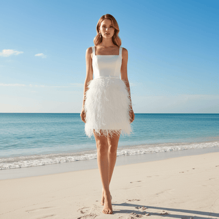 White Square Neck Satin Bodice Ostrich Feather Short Cocktail Dress