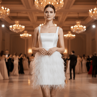 White Square Neck Satin Bodice Ostrich Feather Short Cocktail Dress