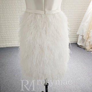 White Square Neck Satin Bodice Ostrich Feather Short Cocktail Dress