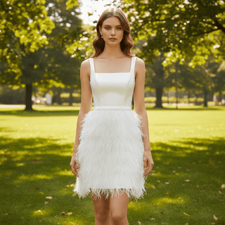 White Square Neck Satin Bodice Ostrich Feather Short Cocktail Dress