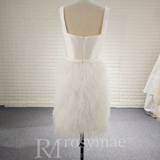 White Square Neck Satin Bodice Ostrich Feather Short Cocktail Dress
