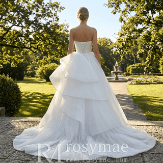 White Strapless Pleated Tulle Ball Gown Wedding Dress with Sculptural Layered Ruffle & Train