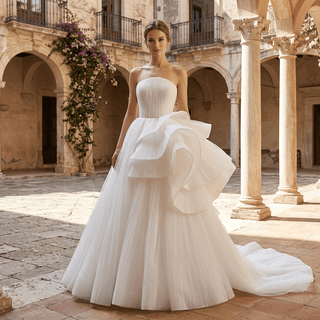 White Strapless Pleated Tulle Ball Gown Wedding Dress with Sculptural Layered Ruffle & Train