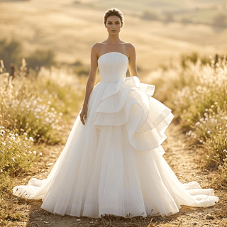 White Strapless Pleated Tulle Ball Gown Wedding Dress with Sculptural Layered Ruffle & Train