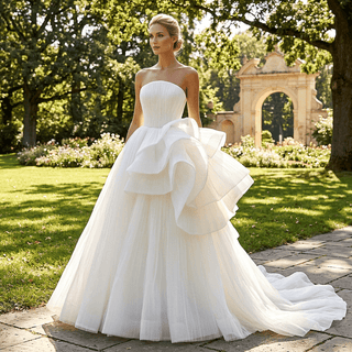 White Strapless Pleated Tulle Ball Gown Wedding Dress with Sculptural Layered Ruffle & Train