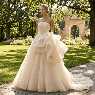 White Strapless Pleated Tulle Ball Gown Wedding Dress with Sculptural Layered Ruffle & Train