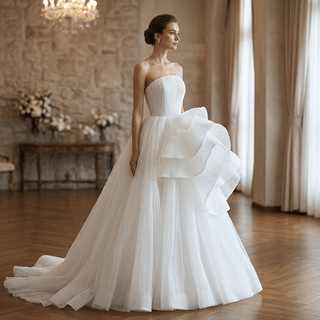 White Strapless Pleated Tulle Ball Gown Wedding Dress with Sculptural Layered Ruffle & Train